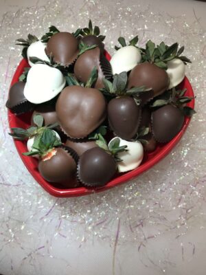 Heart Box of chocolate dipped strawberries.